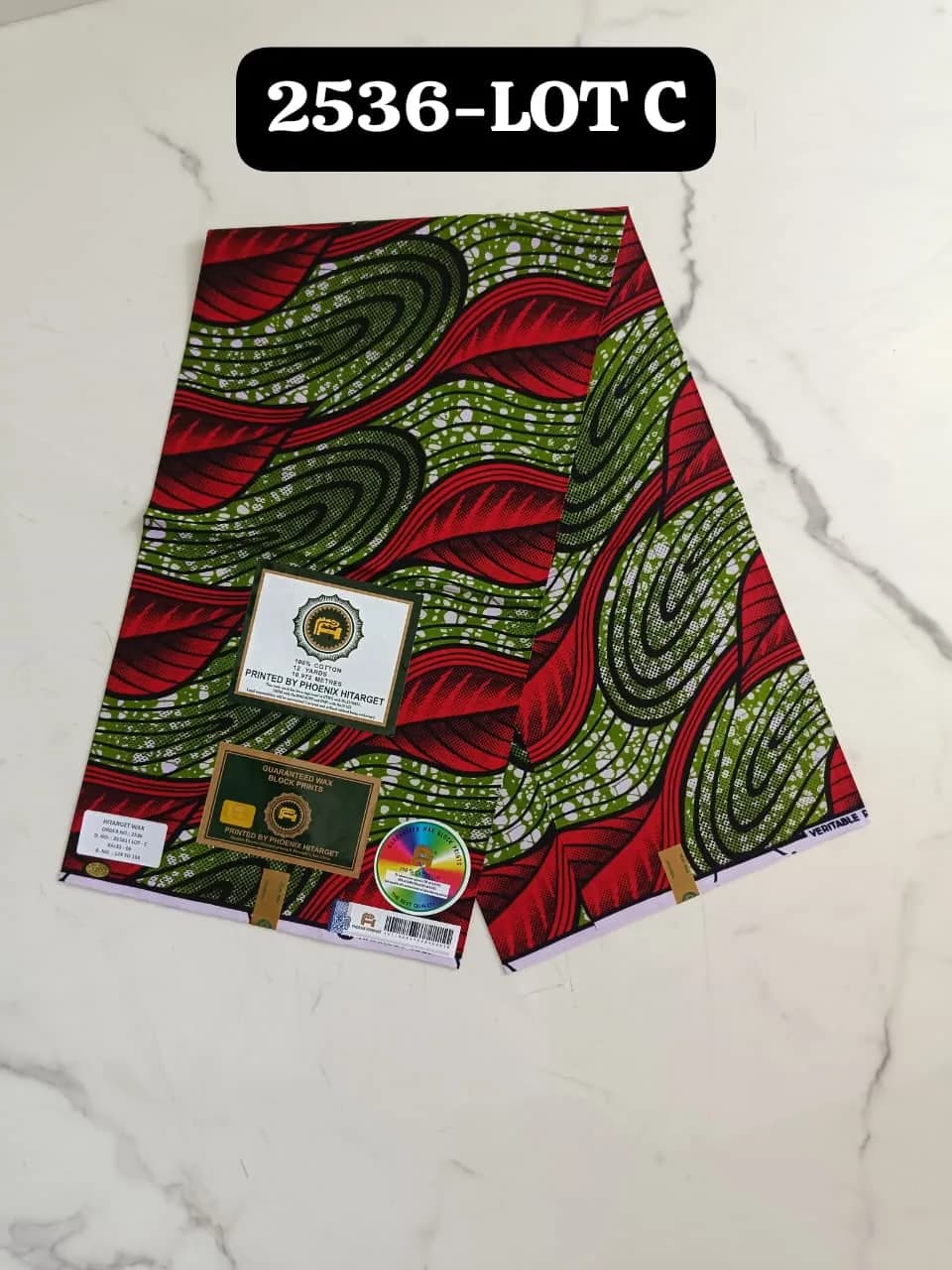 Tissu Wax — Rouge & Vert, Motif Vagues (Lot C)